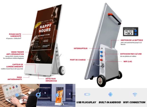 Découvrez le Stop trottoir numérique (vidéo), un affichage publicitaire portable doté d'un écran haute luminosité, d'une technologie anti-dégradation, d'une gestion efficace de la batterie, d'une connectivité USB et Wi-Fi, d'un capteur infrarouge et d'une fonctionnalité Android intégrée pour une signalisation numérique ultime.