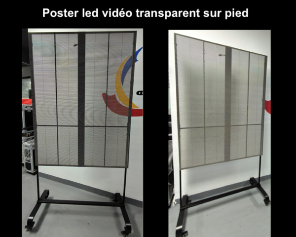 poster vidéo led transparent avec support roulant sur pied