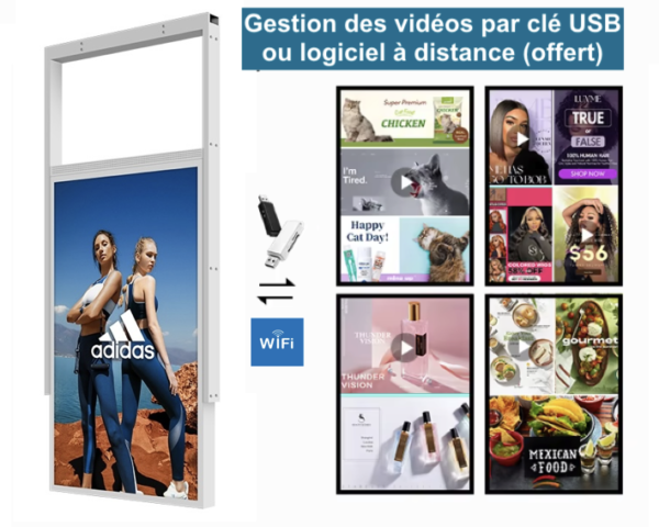 L'affiche vidéo pour vitrine ensoleillée présente des affichages numériques avec des modèles d'un côté et diverses publicités de produits de l'autre, valorisés par USB et WiFi pour des capacités de gestion vidéo sans effort.