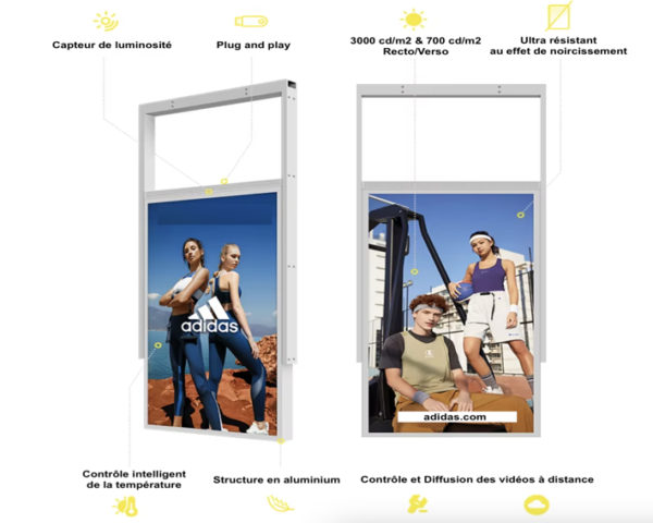 L'affiche vidéo pour vitrine ensoleillée présente des publicités de vêtements de sport sur deux écrans verticaux. Les fonctionnalités comprennent des capteurs de luminosité, un contrôle de température à distance et une durabilité.