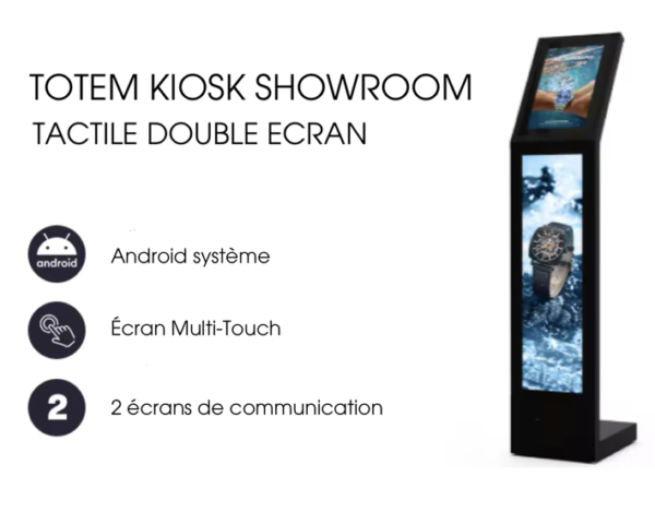 totem kiosk pour showroom avec écran tactile.