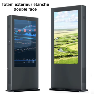 Deux Totem vidéo extérieur double face sont placés côte à côte, l'un présentant des graphiques boursiers et l'autre exposant un paysage paisible.