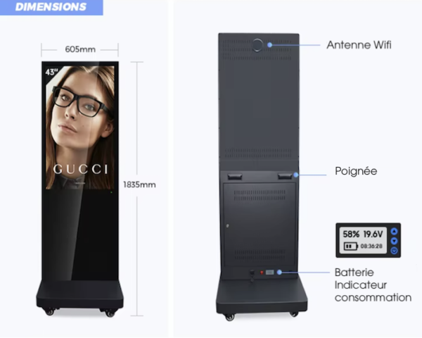 Les dimensions de notre totem d'intérieur vidéo sur batterie