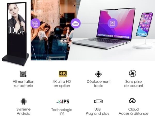 Totem intérieur sur batterie à affichage dynamique avec gestion des vidéos à distance