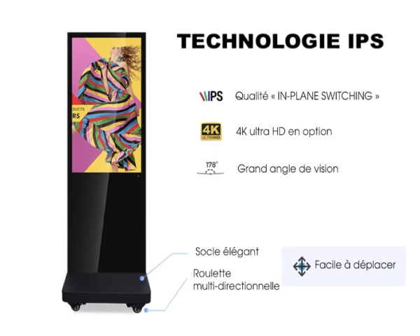 Totem vidéo d'intérieur sur batterie avec technologie IPS